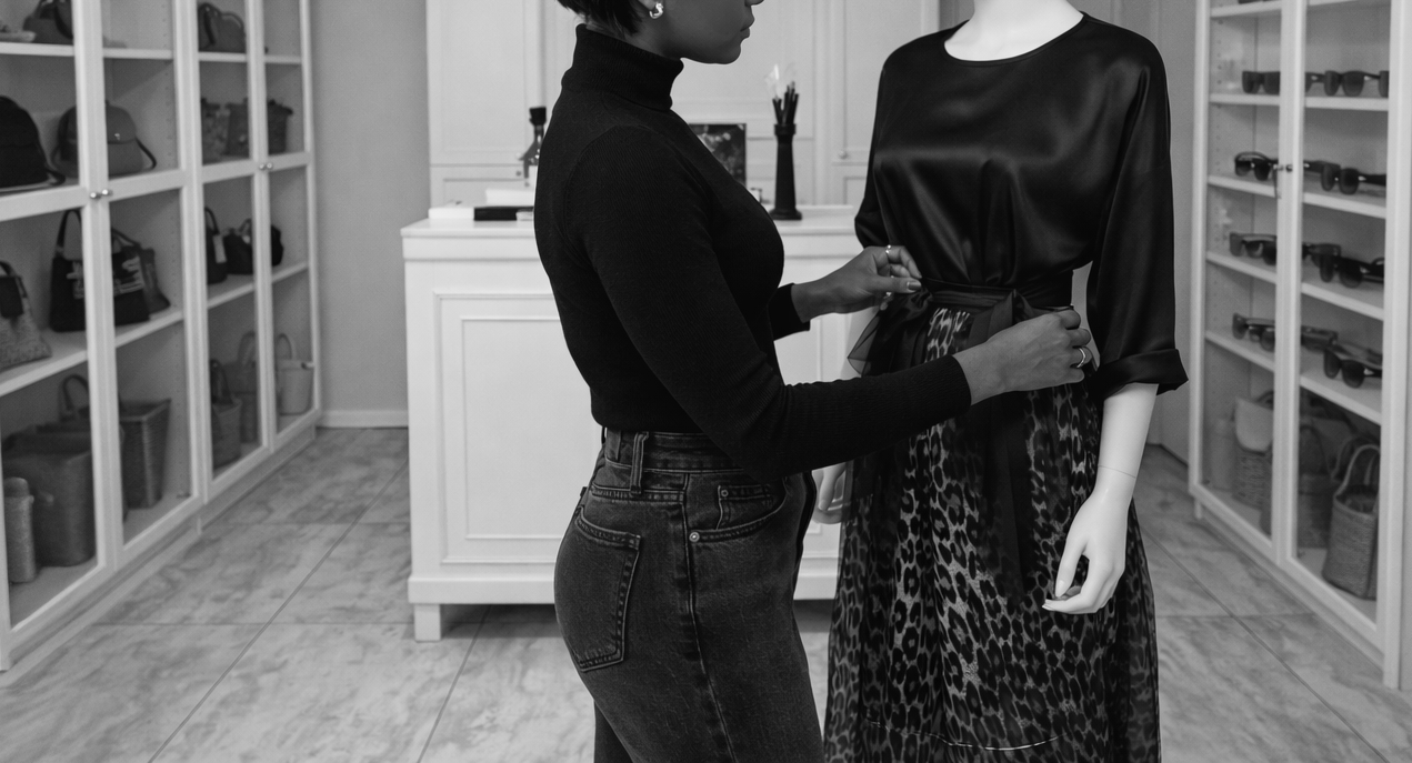 Person adjusting a dress on a mannequin in a room with shelves.
