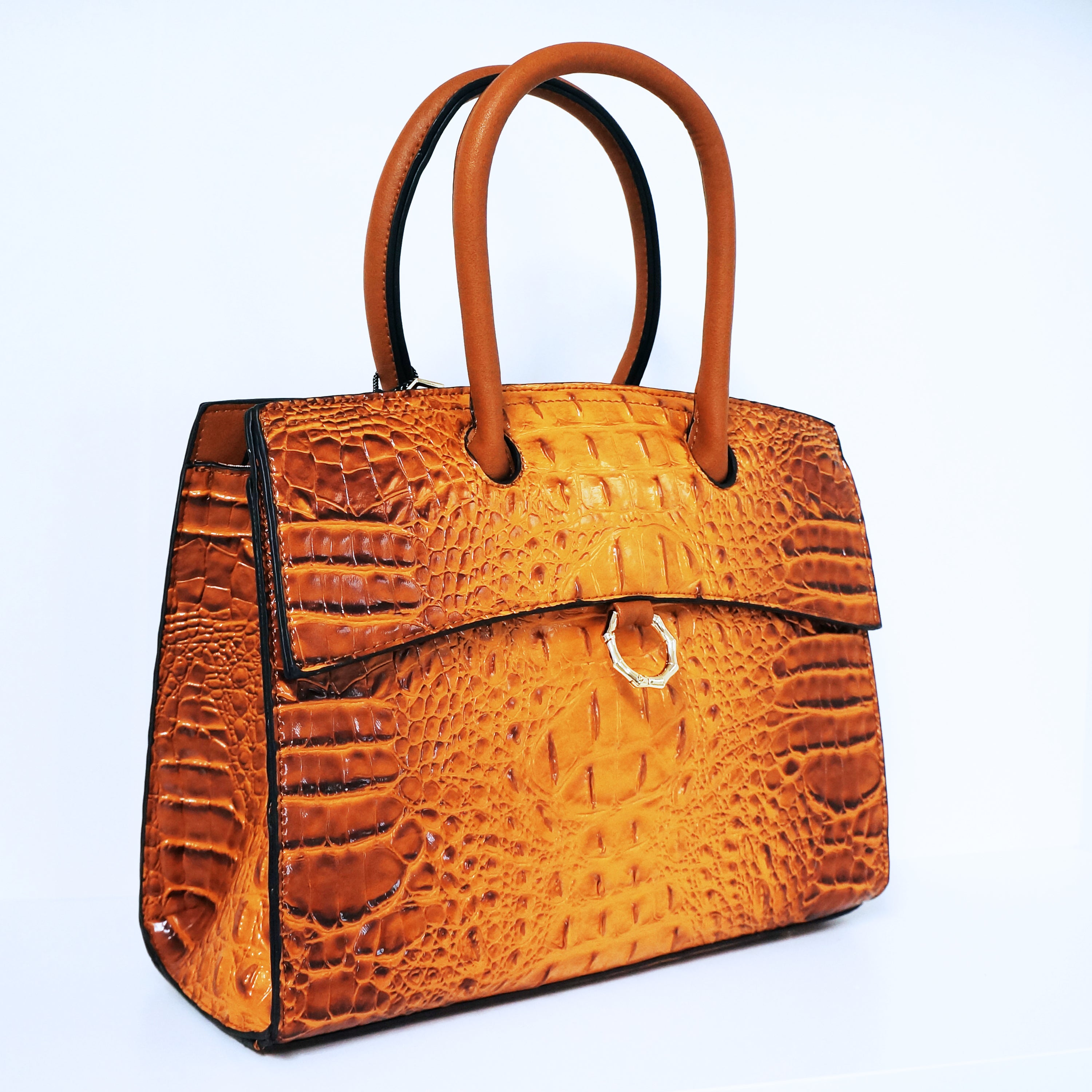 Brown Ring Accent Crocodile Satchel Bag | ALPHONSINA