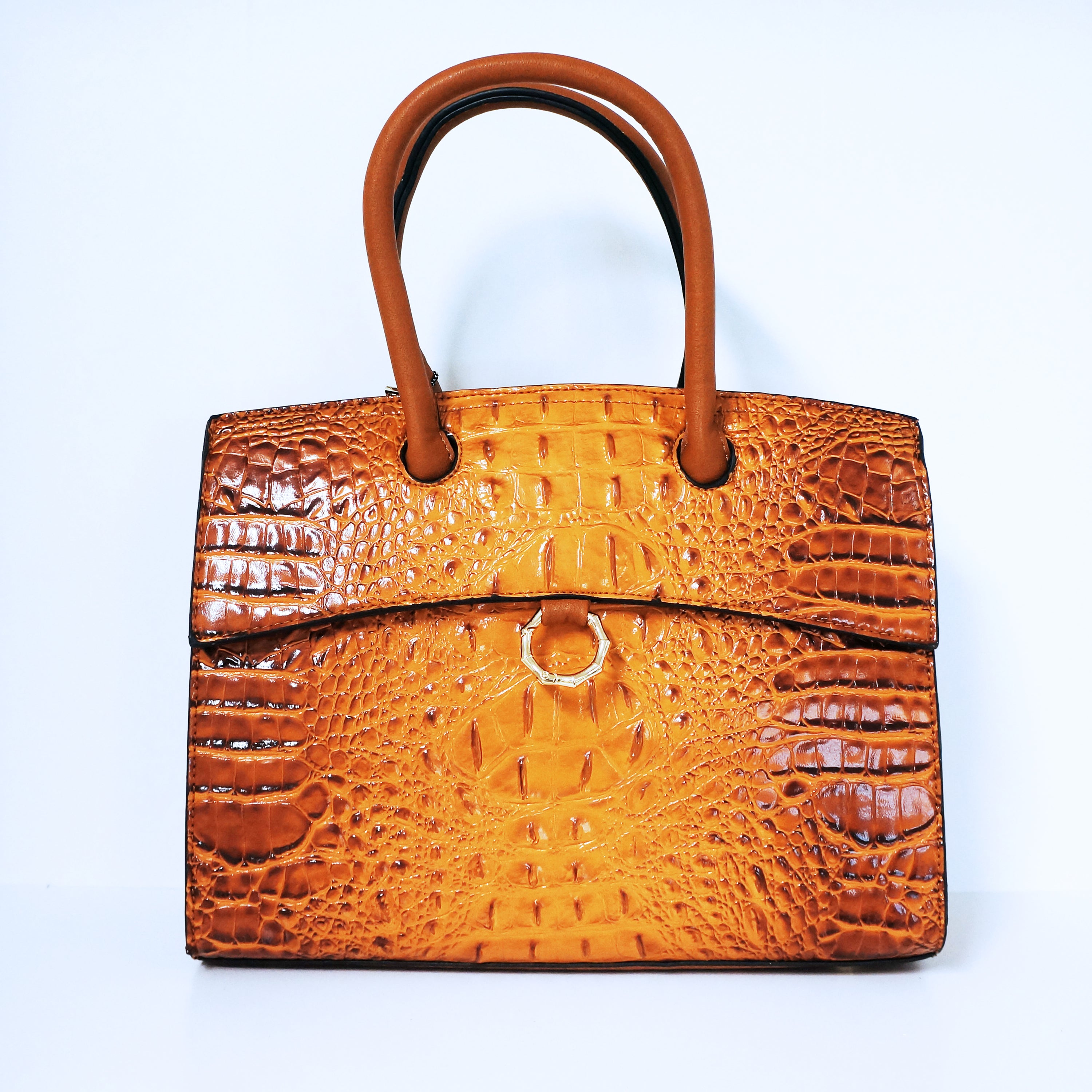 Brown Ring Accent Crocodile Satchel Bag | ALPHONSINA