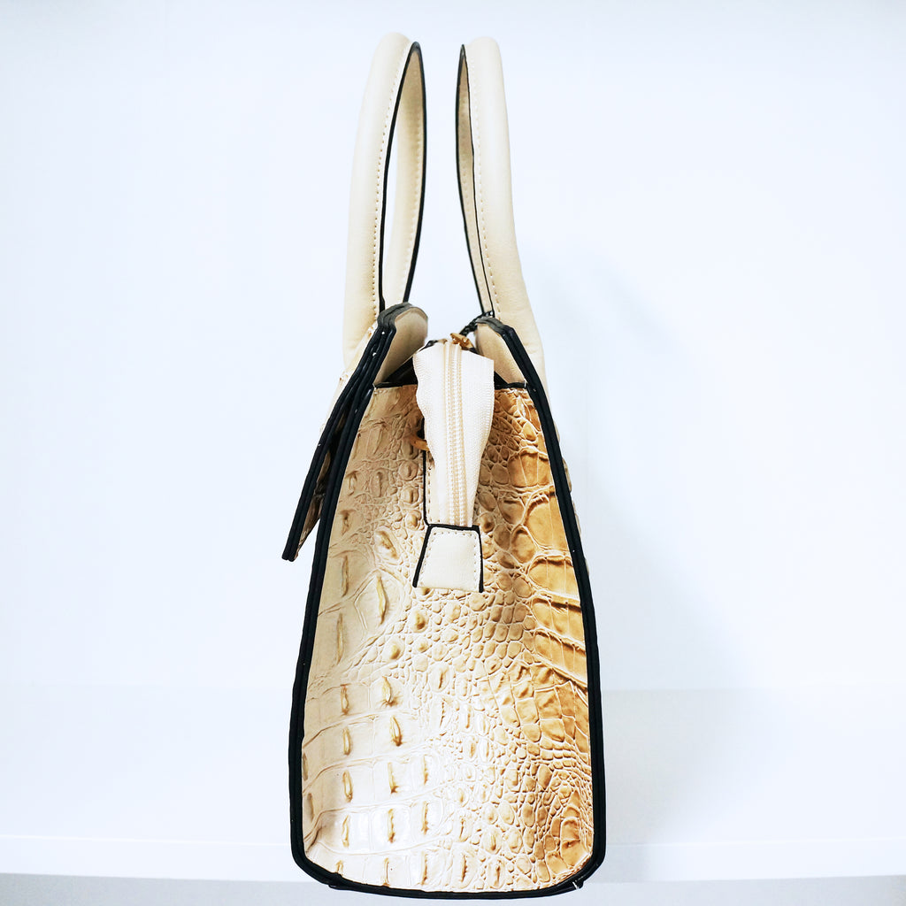 Beige Ring Accent Crocodile Satchel Bag | ALPHONSINA
