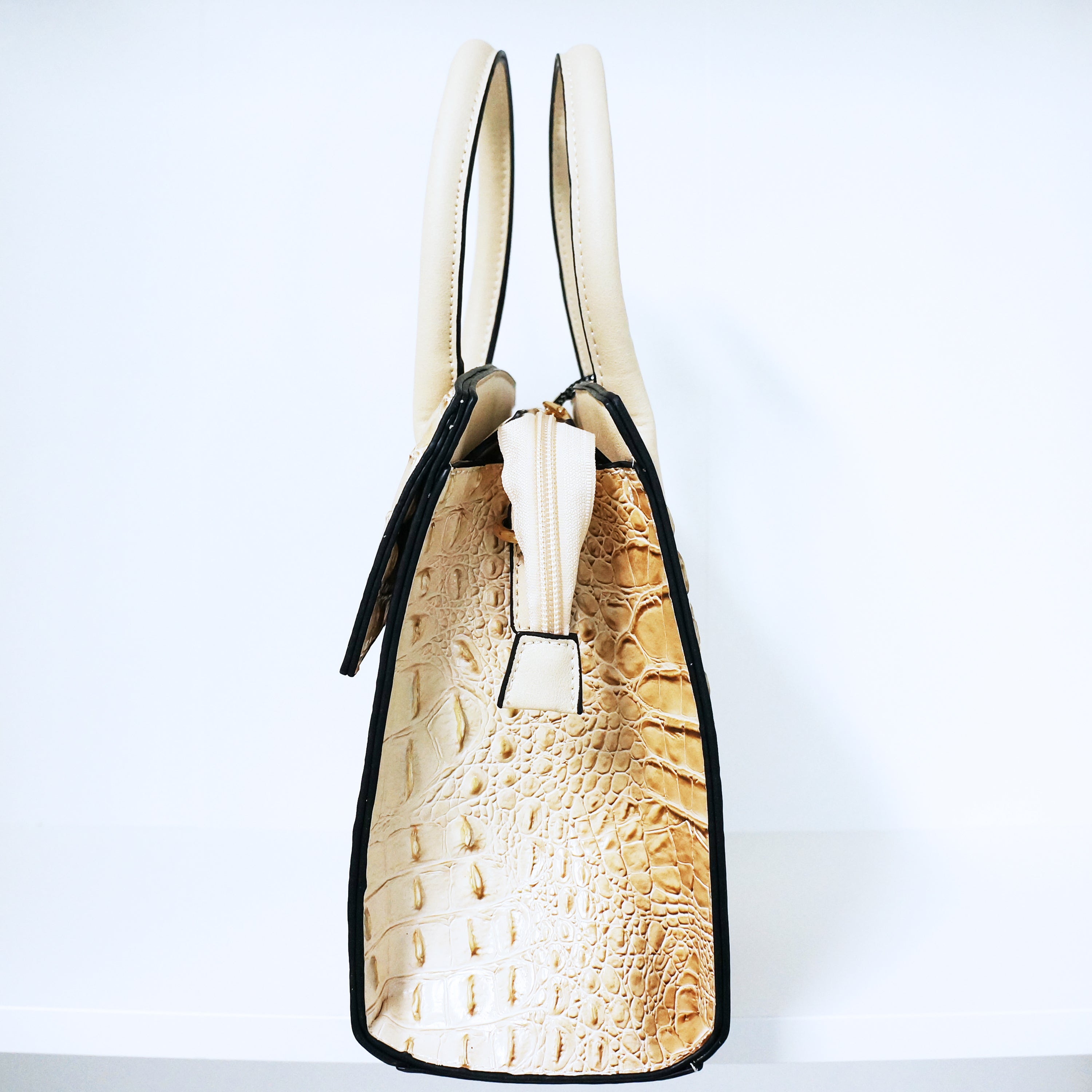 Beige Ring Accent Crocodile Satchel Bag | ALPHONSINA