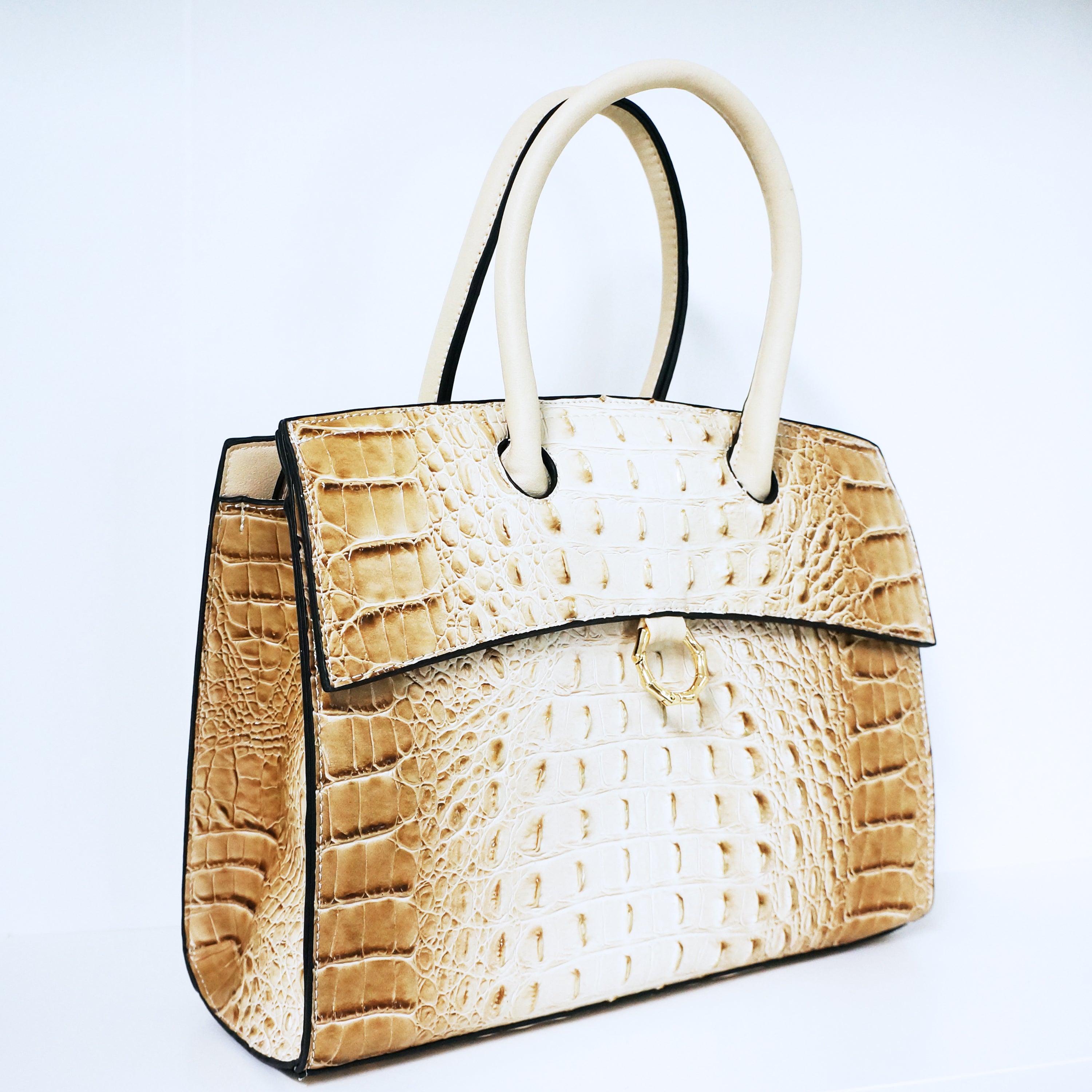 Beige Ring Accent Crocodile Satchel Bag | ALPHONSINA