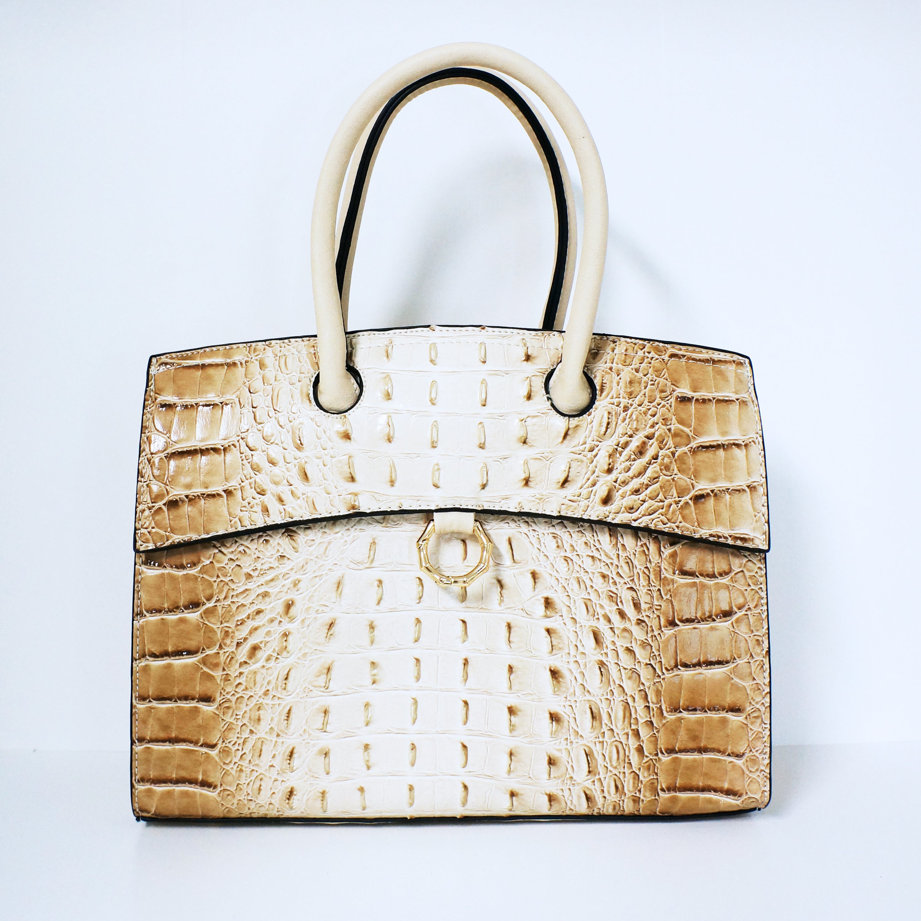 Beige Ring Accent Crocodile Satchel Bag | ALPHONSINA