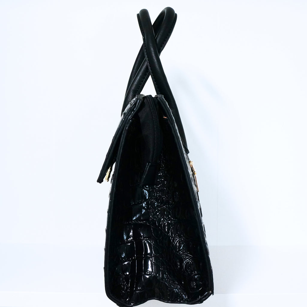 Black Ring Accent Crocodile Satchel Bag | ALPHONSINA
