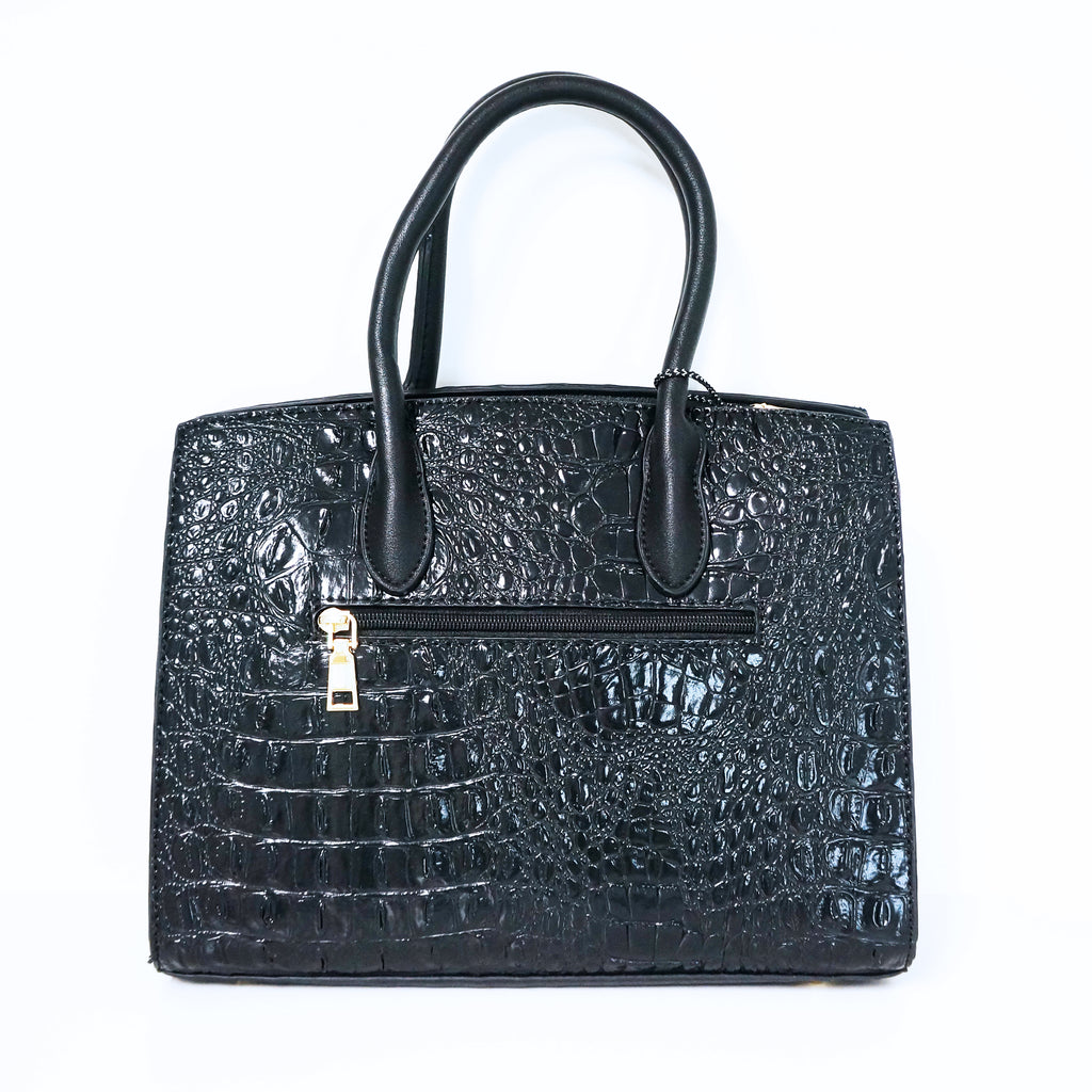 Black Ring Accent Crocodile Satchel Bag | ALPHONSINA