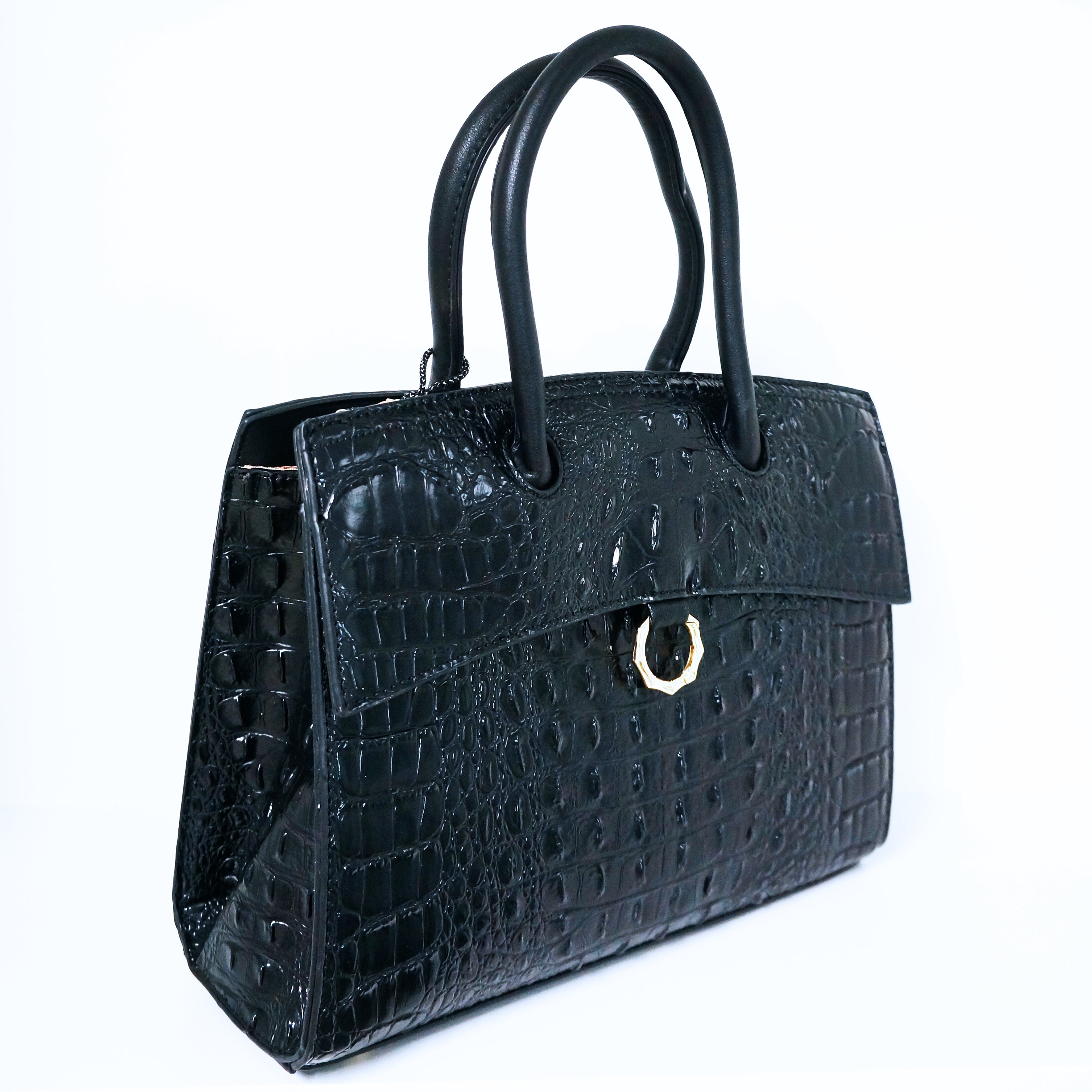 Black Ring Accent Crocodile Satchel Bag | ALPHONSINA