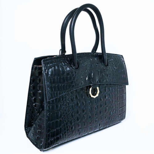 Black Ring Accent Crocodile Satchel Bag | ALPHONSINA