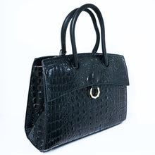 Load image into Gallery viewer, Black Ring Accent Crocodile Satchel Bag | ALPHONSINA