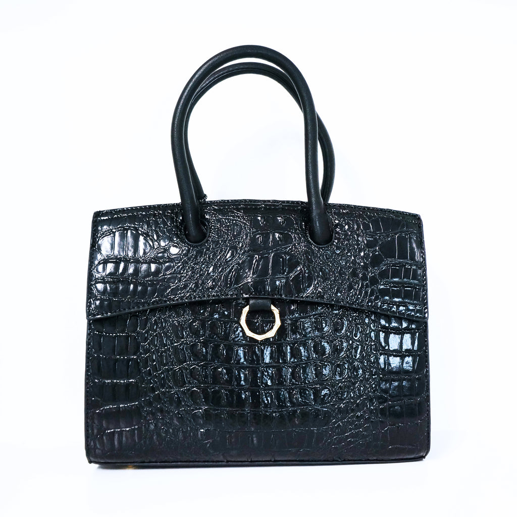 Black Ring Accent Crocodile Satchel Bag | ALPHONSINA