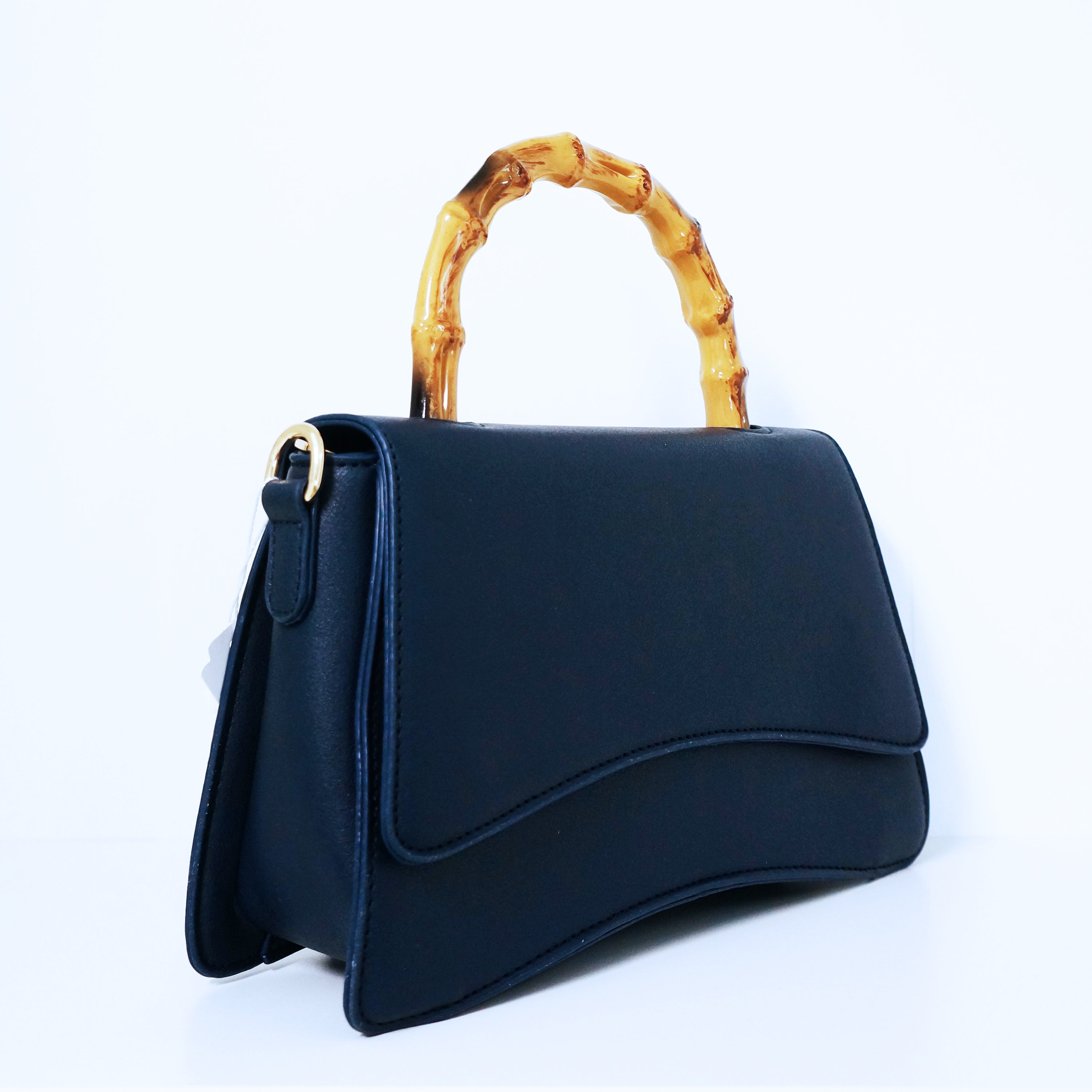 Navy Bamboo Top Handle Flap Satchel Bag | ALPHONSINA