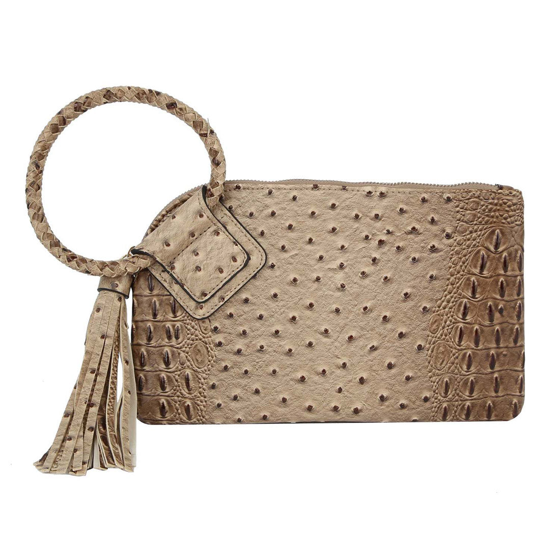 Taupe Croc HandCuff Tassel Wristlet Clutch | ALPHONSINA