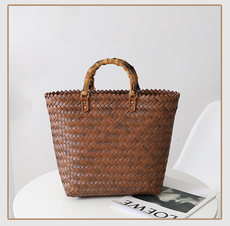 Brown Bamboo Handle Straw Shopper Bag | ALPHONSINA