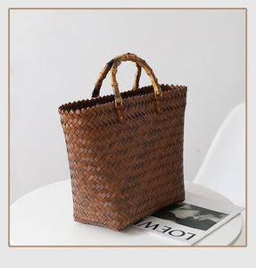 Brown Bamboo Handle Straw Shopper Bag | ALPHONSINA