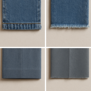 Collage of denim fabric with different finishes on a beige background