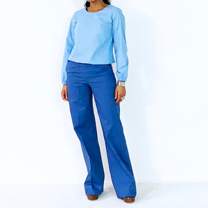 Blue Long Sleeves With Elastic Waist And Wrist Top | ALPHONSINA